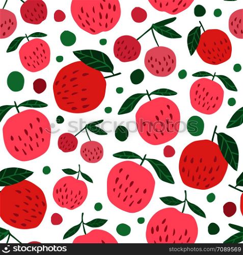 Red apples and leaves seamless pattern on white background. Design for fabric, textile print, wrapping paper, children textile. Vector illustration. Red apples and leaves seamless pattern on white background.