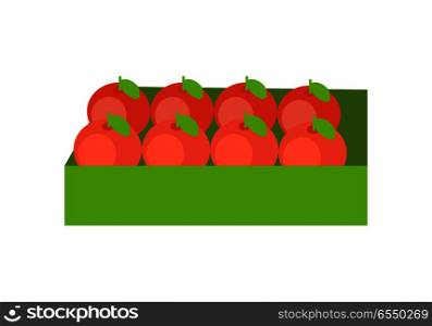 Red Apples in a Box. Red apples in a green box. Box full of fresh apples in flat. Box of lovely red apples. Apples in a row. Retail store element. Isolated vector illustration on white background.