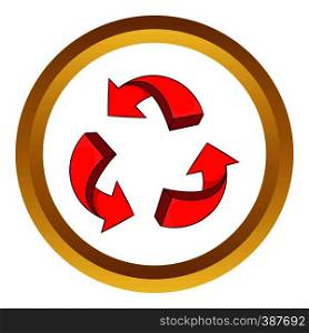 Red arrow recycling vector icon in golden circle, cartoon style isolated on white background. Red arrow recycling vector icon