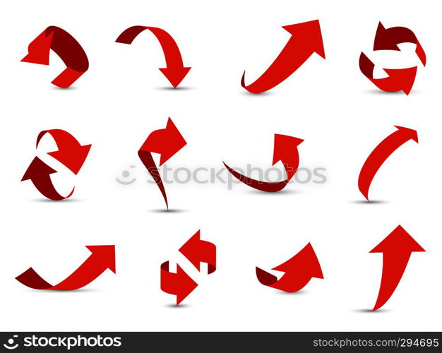 Red arrows 3d set. Financial arrow growth decline different info path up down next interface direction cursor vector collection. Red arrows 3d set. Financial arrow growth decline different info path up down next interface direction cursor collection