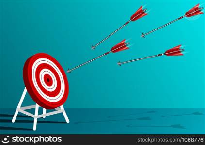 red arrows darts fling go to target Circle. Business success goal. on background blue. creative idea. leadership. cartoon vector illustration