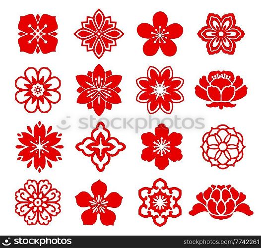 Red Asian floral Chinese, Japanese and Korean flowers, vector icons. China cherry blossom or Japan sakura ornaments, oriental paper art or holiday papercut graphic. Chinese, Japanese decor. Red Asian floral pattern, Chinese, Japanese flower
