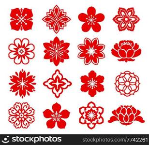 Red Asian floral Chinese, Japanese and Korean flowers, vector icons. China cherry blossom or Japan sakura ornaments, oriental paper art or holiday papercut graphic. Chinese, Japanese decor. Red Asian floral pattern, Chinese, Japanese flower