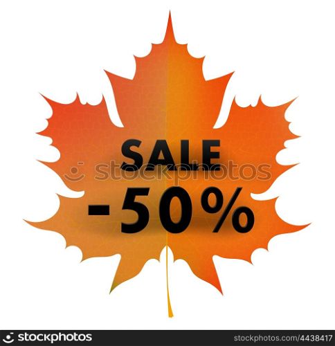 Red autumn maple leaf on a white background with a 50% sale. Concept of autumn &#xA;discounts. Symbol trading in September. Stock vector illustration