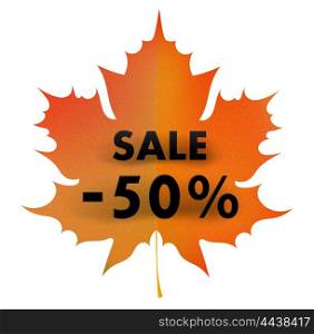 Red autumn maple leaf on a white background with a 50% sale. Concept of autumn &#xA;discounts. Symbol trading in September. Stock vector illustration