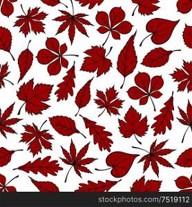 Red autumnal fallen leaves seamless pattern on white background with foliage of oak, maple, chestnut, birch, grape, beech and elm trees. Nature theme or autumn season design. Red autumnal leaves seamless pattern background