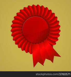 Red award ribbon rosette on gold background, vector illustration