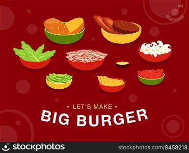 Red background design with burgers ingredients on bowls. Let&rsquo;s make tasty fast food at home. Unhealthy meal and cooking concept. Template for promotional or invitation web page