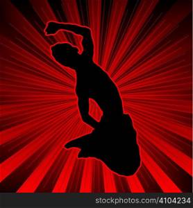 red background on an exploding background with a youth leaping