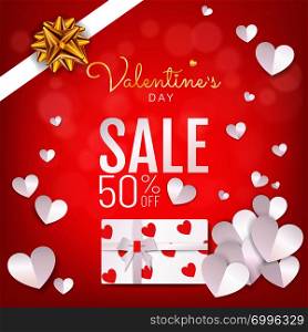 Red background Valentines Day sale banner with white gift box present and paper heart decorative in paper cut (paper art, papercut or digital craft design) style. Vector illustration.