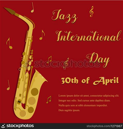 Red background with bright yellow saxophone for the Jazz Internationl Day. Red background with bright saxophone
