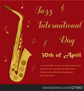 Red background with bright yellow saxophone for the Jazz Internationl Day. Red background with bright saxophone