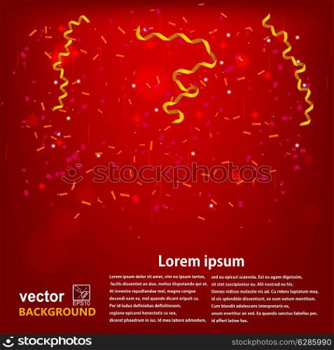 Red background with confetti and serpentine . Sample for your festive design. Vector illustration