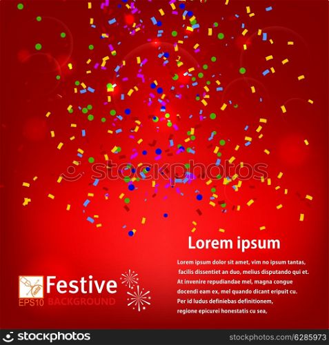 Red background with confetti. Vector illustration