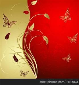 Red background with elegance gold plant and butterflies