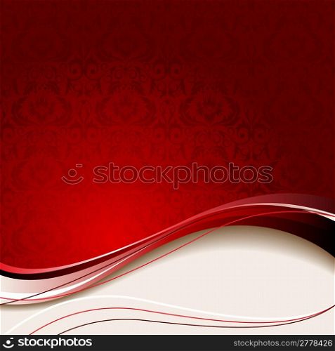 Red background with flowers and leaves and beige wave.