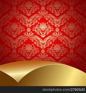 Red background with flowers and leaves and gold sheet .