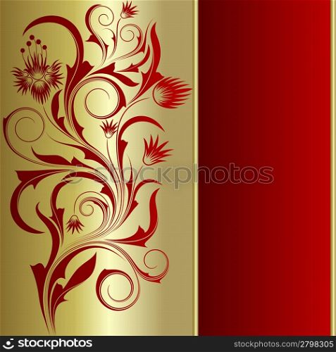 Red background with frame from abstract branch and leaves