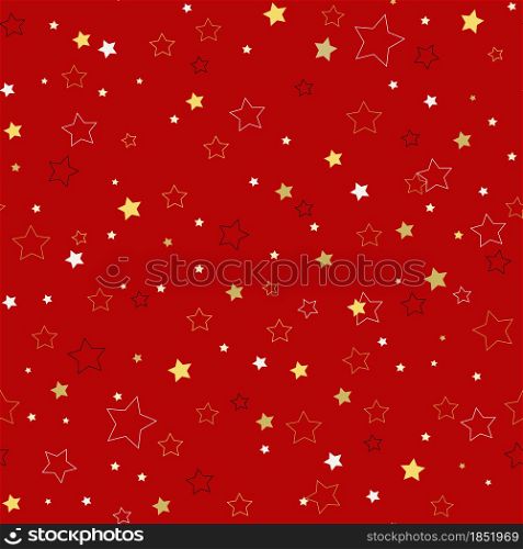 Red background with gold, white and black stars, vector illustration. Seamless Christmas and New Year pattern. Template for packaging, fabric, paper and design.. Red background with gold, white and black stars, vector illustration.
