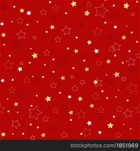Red background with gold, white and black stars, vector illustration. Seamless Christmas and New Year pattern. Template for packaging, fabric, paper and design.. Red background with gold, white and black stars, vector illustration.