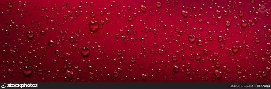 Red background with transparent water droplets. Vector realistic illustration of wet red surface with condensation of steam in shower or fog, clear aqua drops from dew or rain on window glass. Red background with transparent water droplets