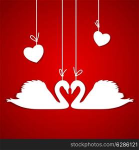 Red background with two white swans and hearts