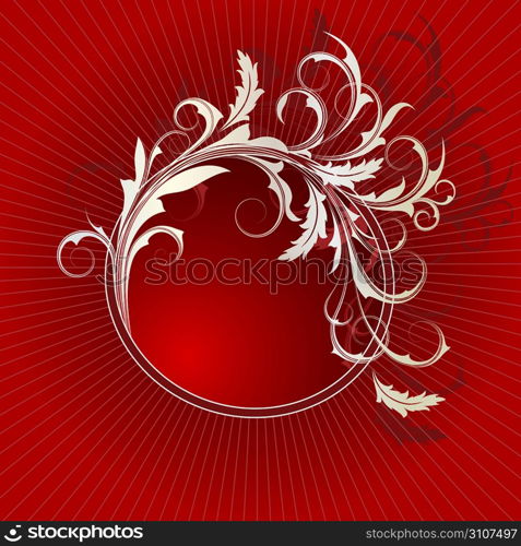 Red background with white frame from abstract branch and leaves