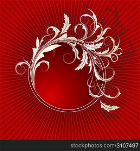 Red background with white frame from abstract branch and leaves