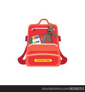 Red bag school backpack isolated for girl on white background. Flat cartoon modern vector illustration