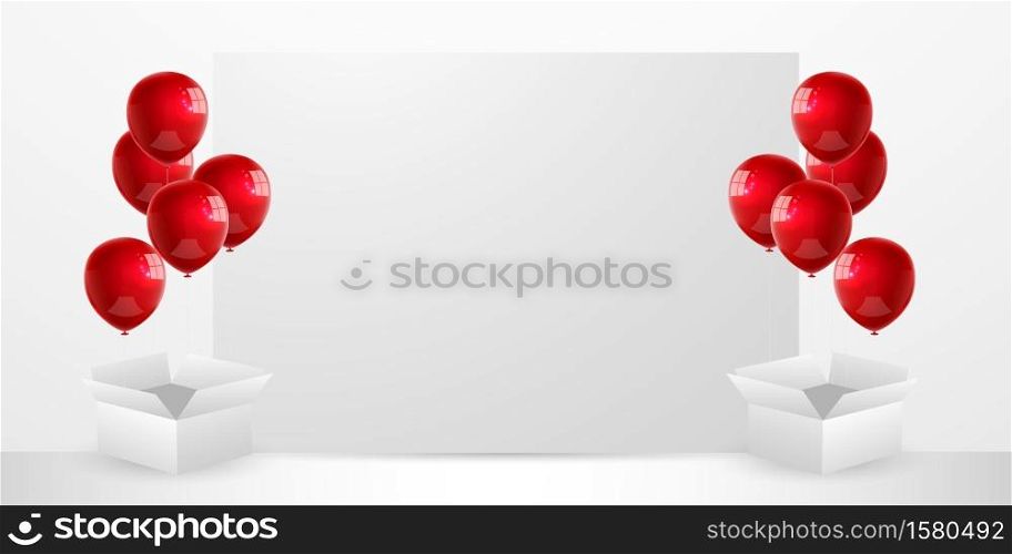 Red balloons concept design template holiday confetti glitters for event and poster. background Celebration Vector illustration.