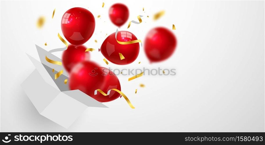 Red balloons gold confetti glitters for event and holiday poster. background Celebration Vector illustration.
