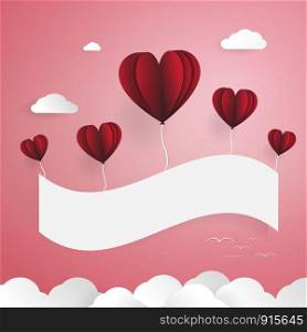 Red balloons with white paper banner. Cloud and birds elements. Love and Valentines day concept. Paper art and paper cut theme.