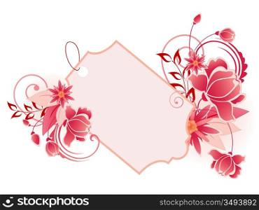 red banner with flowers, leaves and ornament