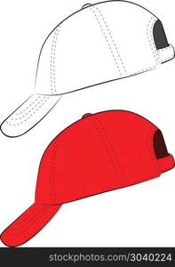 Red Baseball Cap. Simple baseball cap design in red and line art, black and white.