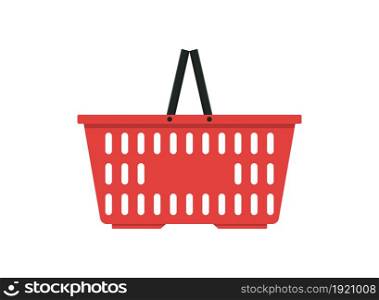 Red basket for supermarket. Plastic shop basket with hand isolated on white background. Icon of market, shopping and buy. Cart for purchase, grocery and goods. Empty bag for food. Flat logo. Vector.. Red basket for supermarket. Plastic shop basket with hand isolated on white background. Icon of market, shopping and buy. Cart for purchase, grocery and goods. Empty bag for food. Flat logo. Vector