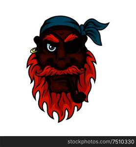 Red bearded old pirate with eye patch, blue bandana and gold earring smoking a pipe. Piracy, tattoo or t-shirt print design usage. Old pirate with eye patch smoking pipe
