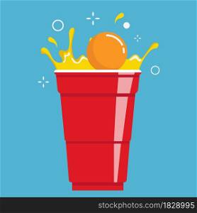 Red beer pong illustration. Plastic cup and ball with splashing beer. Traditional party drinking game. Vector illustration.. Red beer pong illustration. Plastic cup and ball with splashing beer. Traditional party drinking game. Vector