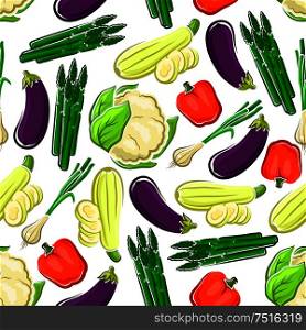 Red bell pepper and eggplant, green onion and zucchini, asparagus and cauliflower vegetables seamless pattern. For vegetarian food, recipe book and cooking themes design. Seamless pattern with farm vegetables