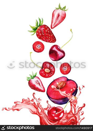 Red berries and fruits falling in the red juice splash, hand drawn vector watercolor illustration
