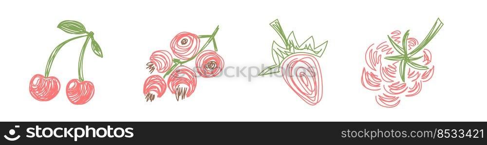 Red berries. Cherry, currant, strawberry and raspberry. Fruit sketch set. Hand drawn vector illustration. Pen or marker doodle.. Red berries. Cherry, currant, strawberry and raspberry. Fruit sketch set. Hand drawn vector illustration. Pen or marker doodle