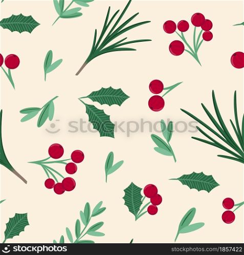 Red berries, leaves and branches on a delicate beige background vector illustration. Background with traditional botanical elements. Christmas and New Years pattern for fabric and packaging.. Red berries, leaves and branches on a delicate beige background vector illustration.