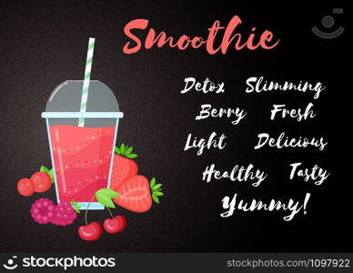Red berries smoothie vitamin drink vector illustration. Fresh smoothies drink with red layers in glass with cup and straw. Raw pineapple fruit and sign Smoothie for fitness landing page concept. Red strawberry smoothie fruit vitamin drink poster
