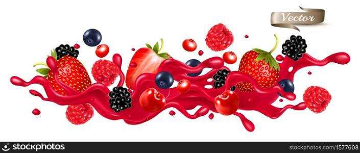 Red berry juice splash wave. Whole and sliced strawberry, raspberry, cherry, blueberry and blackberry in a sweet syrup wave with splashes and drops isolated on transparent background. 3D. Vector.