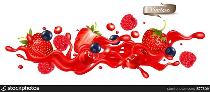Red berry juice splash wave. Whole and sliced strawberry, raspberry, cherry, blueberry and blackberry in a sweet syrup wave with splashes and drops isolated on transparent background. 3D. Vector.