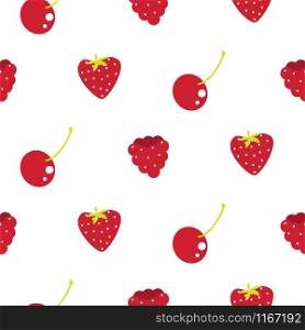 Red berry on white seamless vector pattern. Strawberry, cherry and raspberry repeat background for print.. Red berry on white seamless vector pattern.