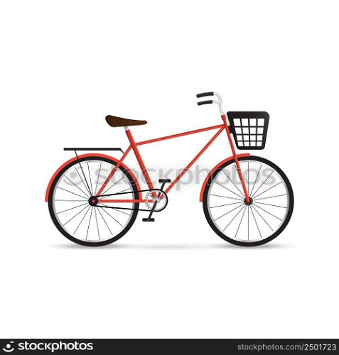 Red bicycle with black basket. Bike isolated on white background. Vector illustration.