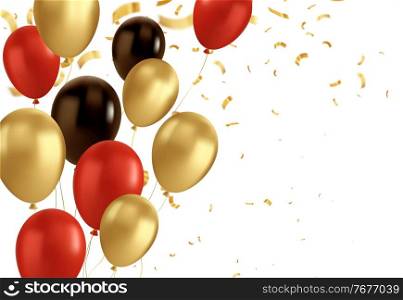Red, black and gold balloons and golden confetti. Vector glossy realistic baloon on transparent background for holiday celebration greeting card. Holiday Flying 3D glossy ballons and ribbon. Congratulations banner party invitation design with copy space. Red, black and gold balloons and golden confetti. Vector glossy realistic baloon on transparent background