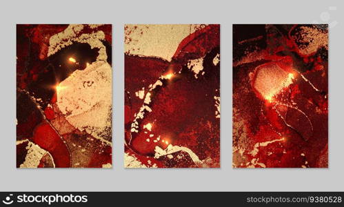 Red, black and gold pattern with texture of geode and sparkles. Abstract vector background in alcohol ink technique. Modern paint with glitter. Set of backdrops for banner, poster design. Fluid art. Red, black and gold pattern with texture of geode and sparkles