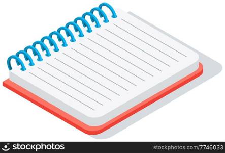 Red blank empty spiral notepad, notebook. Opened sketchpad with blank white sheets of paper isolated. Attribute of study, business, education. Copybook to write information and messages, scrapbook. Red blank empty spiral notepad, notebook. Opened sketchpad with blank white sheets of paper isolated