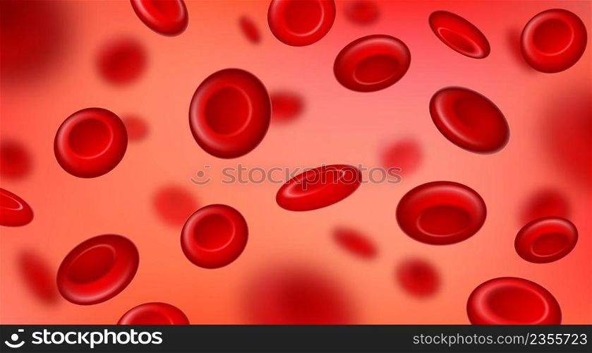 Red blood cells flow, macro view erythrocyte background. Realistic bloodstream circulation closeup. Hematology medicine 3d vector concept. Microbiology science, human healthcare concept. Red blood cells flow, macro view erythrocyte background. Realistic bloodstream circulation closeup. Hematology medicine 3d vector concept